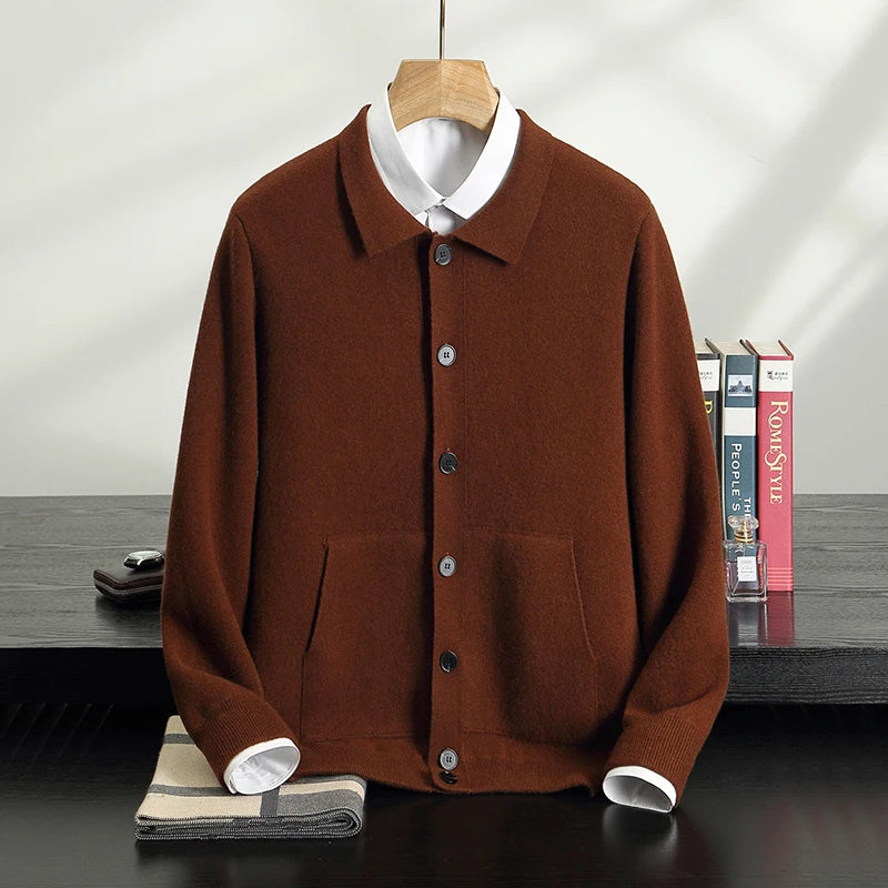 New autumn and winter knitted casual business men's 100% cashmere long pants set, high-end long sleeved cardigan, lapel sweater