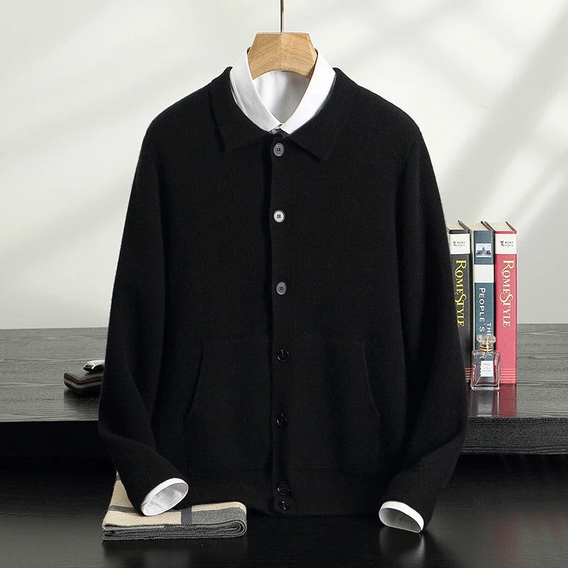 New autumn and winter knitted casual business men's 100% cashmere long pants set, high-end long sleeved cardigan, lapel sweater
