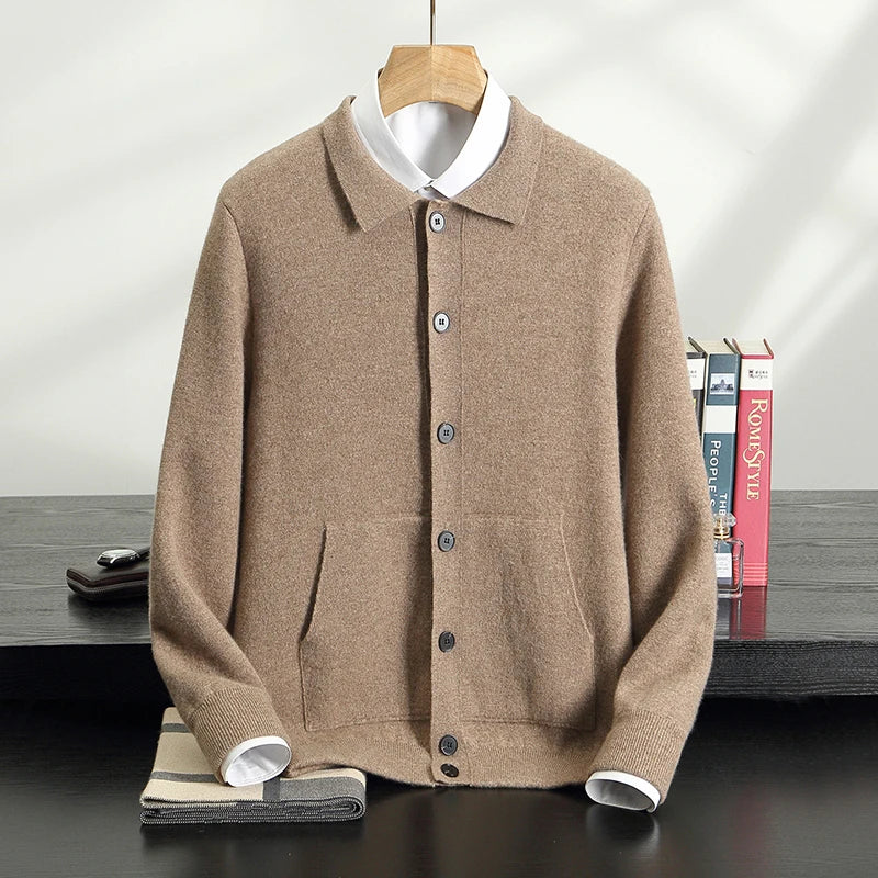 New autumn and winter knitted casual business men's 100% cashmere long pants set, high-end long sleeved cardigan, lapel sweater